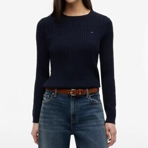 Tommy Hilfiger Navy Blue 100% Cotton Knit Ribbed Crewneck Sweater Large